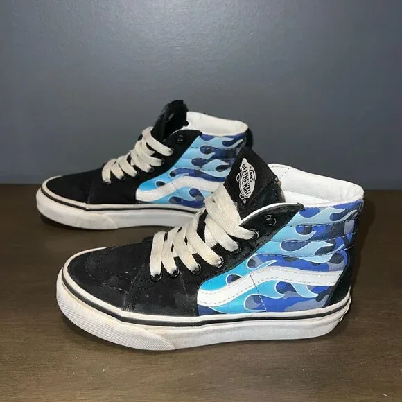 VANS High Top Sneakers Lace Up Youth 12.5 Shoes Flames Black Blue White - Picture 5 of 9